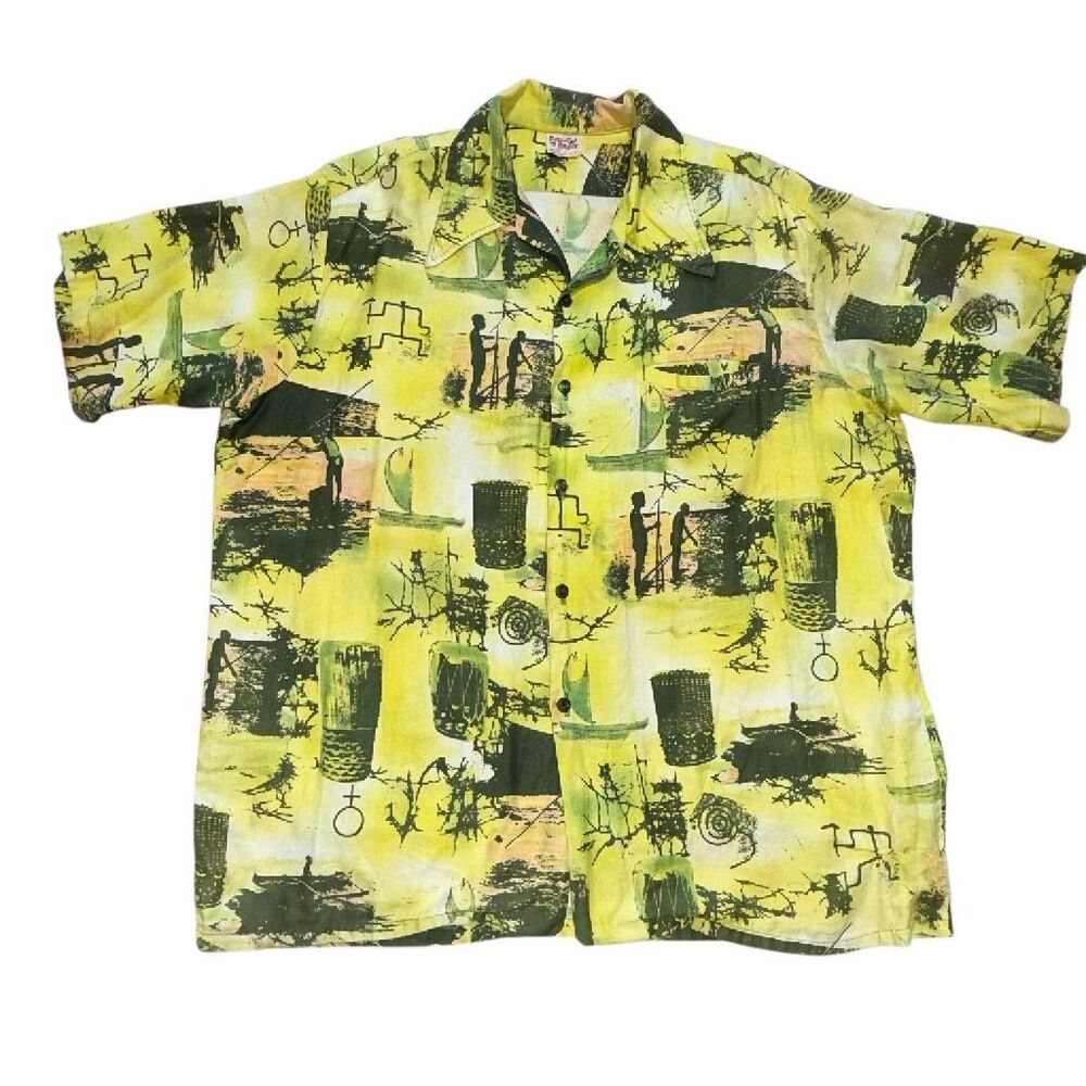 Vintage Barefoot In Paradise GUC 1960s Hawaiian Aloha Shirt Yellow Print Cotton